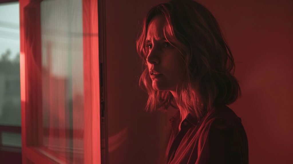 a woman looking out a window